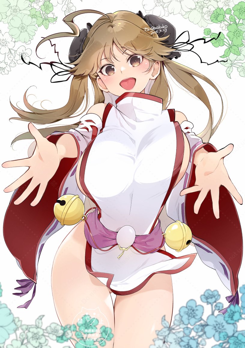 1girl ahoge bell blush breasts brown_eyes brown_hair commentary_request double_bun floral_background gluteal_fold hair_bun japanese_clothes jingle_bell kinako_(mzknk0) large_breasts large_ribbon lightning_ahoge long_hair mikagura_uniform miko no_panties nontraditional_miko open_mouth outstretched_arms renka_(senran_kagura) senran_kagura sideboob smile solo spread_arms tomoe_(symbol)