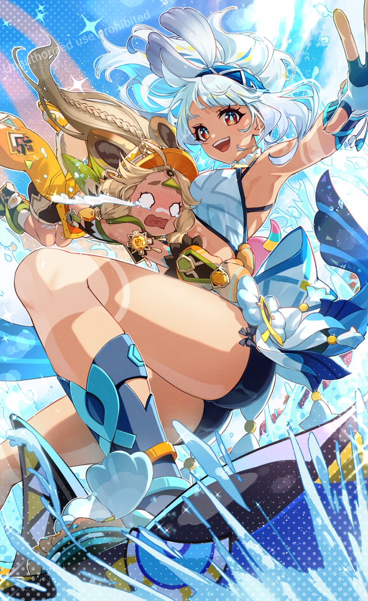 2girls animal_ears armpits ass bare_shoulders bike_shorts blonde_hair blue_hair blue_shorts blush braid breasts crying dark_skin fingerless_gloves fox_ears fox_tail genshin_impact gloves hairband hat highres itsumono_katze kachina_(genshin_impact) long_hair looking_at_viewer medium_breasts mualani_(genshin_impact) multiple_girls open_mouth red_eyes short_shorts shorts sideboob smile streaming_tears surfboard surfing tail tears twin_braids very_long_hair