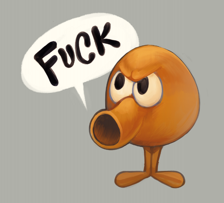 1boy amelielavender angry black_eyes colored_skin commentary english_commentary english_text full_body grey_background legs_together long_mouth looking_up male_focus no_humans open_mouth orange_skin profanity q_bert q_bert_(character) simple_background solo speech_bubble v-shaped_eyebrows