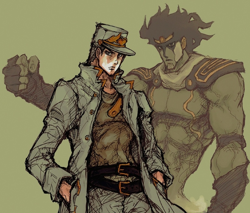 deku deku_(not_equal) jojo_no_kimyou_na_bouken kuujou_joutarou simple_background stand_(jojo) star_platinum tagme