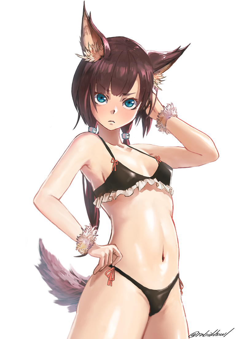 1girl animal_ear_fluff animal_ears arm_up bikini black_bikini blue_eyes bracelet breasts brown_hair closed_mouth commentary_request cowboy_shot female_focus frilled_bikini frills fur_trim hair_tie hand_in_own_hair hand_on_own_hip hanekura_bou jewelry long_hair looking_at_viewer low_twintails navel original red_ribbon revision ribbon simple_background small_breasts solo standing stomach swimsuit tail twintails twitter_username white_background