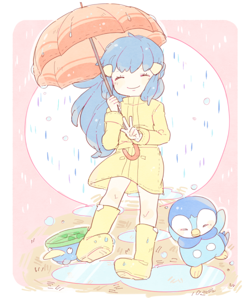 1girl ^_^ blue_hair boots closed_eyes closed_mouth cosplay dawn_(pokemon) full_body gen_3_pokemon gen_4_pokemon hair_ornament holding holding_umbrella katiko knee_boots long_hair long_sleeves lotad nintendo parasol_lady_(pokemon) parasol_lady_(pokemon)_(cosplay) pink_umbrella piplup pokemon pokemon_(creature) pokemon_dppt pokemon_oras puddle rain raincoat umbrella water yellow_boots yellow_raincoat