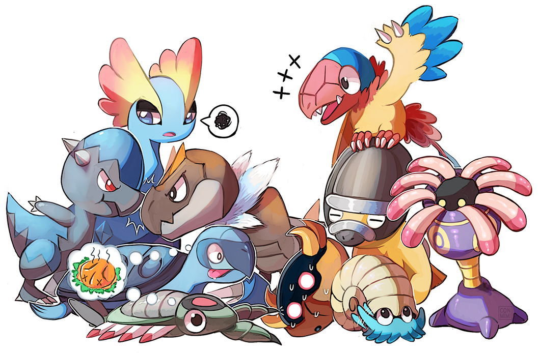 amaura anorith archen bird black_eyes claws commentary conmimi cranidos dinosaur english_commentary eye_contact gen_1_pokemon gen_3_pokemon gen_4_pokemon gen_5_pokemon gen_6_pokemon hungry kabuto_(pokemon) lileep looking_at_another looking_at_viewer nintendo omanyte on_head pokemon pokemon_(creature) pokemon_on_head red_eyes shell shieldon simple_background spoken_squiggle squiggle standing sweat tirtouga tongue tongue_out turtle tyrunt white_background