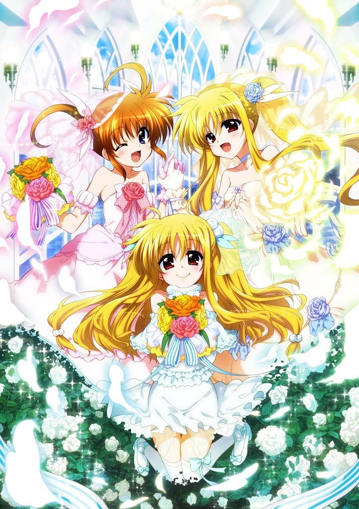 3girls alicia_testarossa alternate_costume blonde_hair blue_sky bouquet cloud cloudy_sky couple dress fate_testarossa flower hair_ornament holding_hands happy interlocked_fingers kawakami_shuuichi lyrical_nanoha mahou_shoujo_lyrical_nanoha mahou_shoujo_lyrical_nanoha_a&#039;s mahou_shoujo_lyrical_nanoha_innocent multiple_girls official_art open_mouth orange_hair purple_eyes red_eyes short_twintails sky smile syu1 takamachi_nanoha twintails wedding wedding_dress window yuri