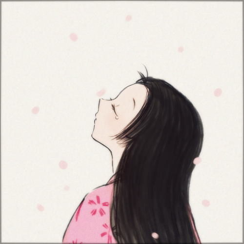 10s 1girl ayu_(mog) bad_id bad_pixiv_id black_hair border cherry_blossoms closed_eyes female_focus japanese_clothes kaguya-hime_no_monogatari kaguya_hime kimono long_hair lowres solo upper_body