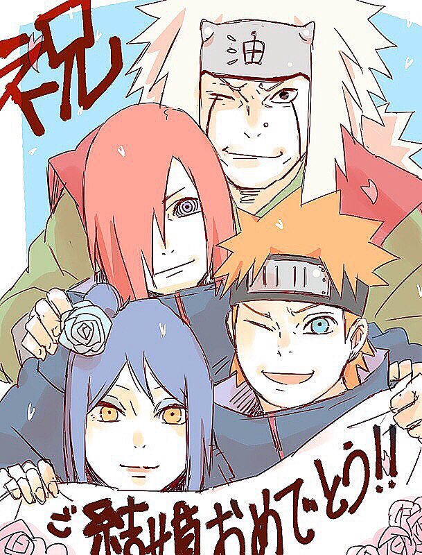 1girl 3boys blue_hair flower hair_flower hair_ornament jiraiya_(naruto) konan_(naruto) looking_at_viewer meitarou multiple_boys nagato_(naruto) naruto_(series) naruto_shippuuden one_eye_closed orange_eyes orange_hair red_hair rinnegan short_hair smile translation_request yahiko_(naruto)