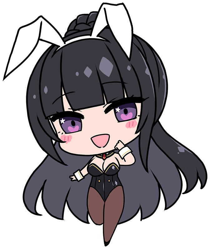 1girl :d animal_ear_hairband animal_ears arm_at_side arm_up black_hair black_leotard black_pantyhose blush breasts chibi chibi_only chichizaki_momina cleavage covered_navel deformed derauea detached_collar fake_animal_ears game_cg hairband high_ponytail highleg large_breasts leg_up leotard long_hair looking_at_viewer motto!_haramase!_honoo_no_oppai_isekai_oppai_bunny_gakuen! necktie non-web_source official_art open_mouth pantyhose playboy_bunny ponytail ponytail_with_braided_base purple_eyes rabbit_ear_hairband rabbit_ears red_necktie shoes smile solo star_(symbol) star_in_eye strapless strapless_leotard symbol_in_eye transparent_background very_long_hair white_hairband white_wrist_cuffs wrist_cuffs