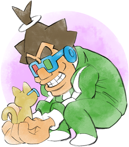 18-volt 1boy animal brown_hair cat green_pants green_track_suit heterochromatic_eyewear holding holding_animal long_sleeves looking_at_viewer lowres male_focus nintendo official_art pants squatting takeuchi_kou third-party_source tinted_eyewear track_pants track_suit warioware warioware:_get_it_together!