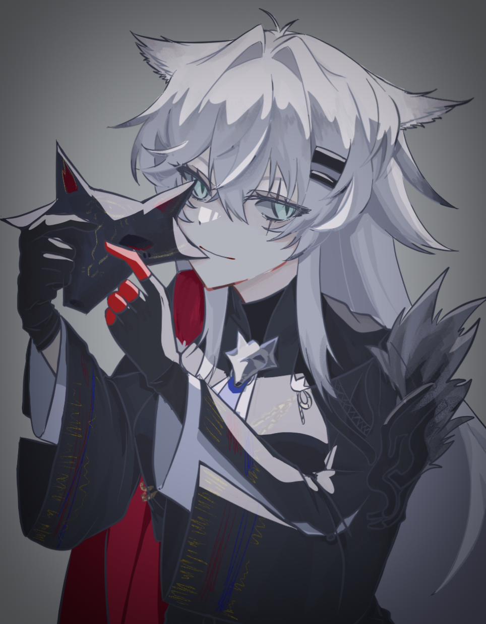 1girl arknights black_gloves black_jacket blue_eyes chinese_commentary closed_mouth commentary_request crossed_bangs gloves grey_background grey_hair hair_between_eyes hair_ornament hairclip highres holding holding_mask jacket lappland_(arknights) lappland_the_decadenza_(arknights) light_smile long_hair long_sleeves luoyeye96303 mask scar scar_across_eye scar_on_face solo unworn_mask upper_body