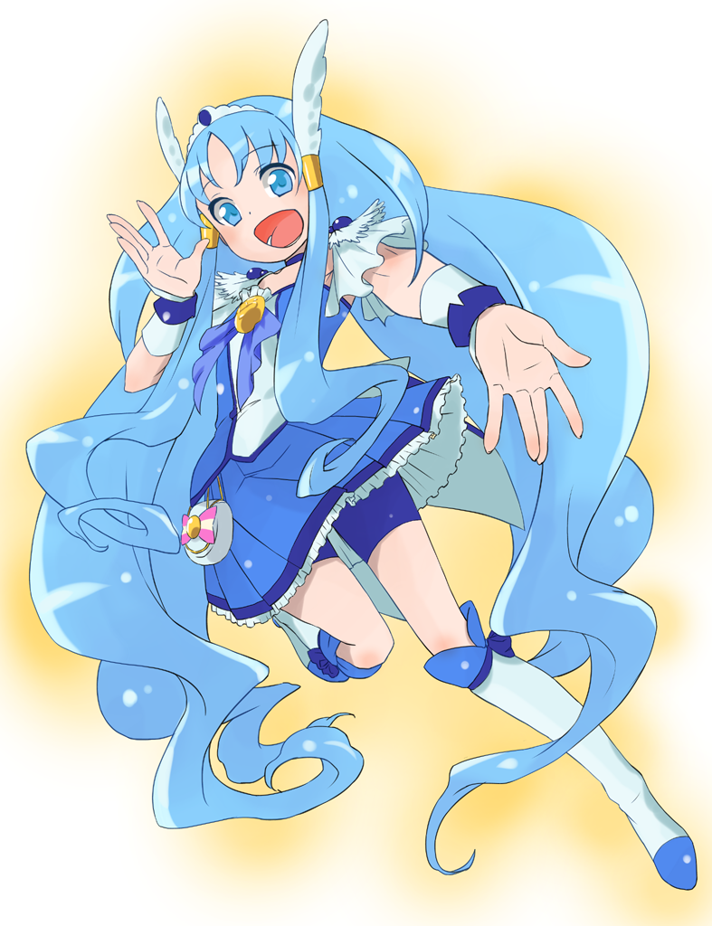 1girl bike_shorts blue_dress blue_eyes blue_hair blue_skirt blue_theme boots choker color_connection cosplay cure_beauty cure_beauty_(cosplay) cure_marine dress full_body hair_tubes happy head_wings heartcatch_precure! humiu knee_boots kurumi_erika long_hair look-alike outstretched_hand power_connection precure shorts shorts_under_skirt skirt smile_precure! tiara wings wrist_cuffs yellow_background