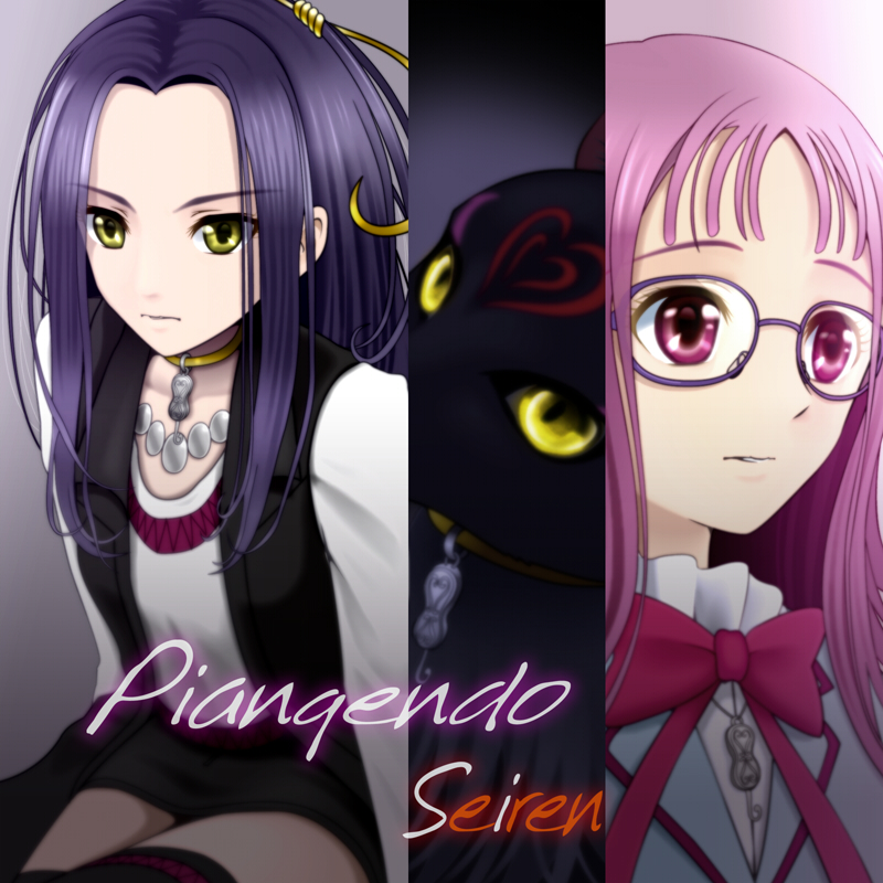 10s 2girls bow cat choker facial_mark forehead_mark frown glasses heart heart_facial_mark houjou_sakura jewelry kurokawa_eren long_hair multiple_girls multiple_persona necklace precure purple_eyes purple_hair ribbon seiren_(suite_precure) sekken_kasu_barrier sidelocks skirt suite_precure thighhighs vest yellow_eyes