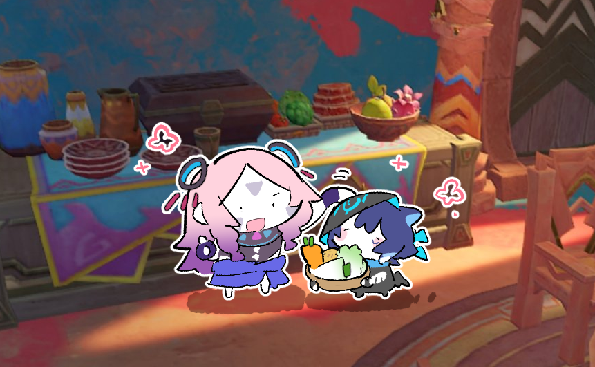1boy 1girl animal_ears aqua_hair bat_ears bat_wings black_gloves black_hood black_leotard blue_hair blue_scarf bowl carrot chair chest_(furniture) chibi child citlali_(genshin_impact) cleavage_cutout closed_eyes clothing_cutout door dot_pupils facial_mark feather_hair_ornament feathers fingerless_gloves floating_headgear genshin_impact gloves gradient_hair grandmother_and_grandson hair_ornament hair_rings headpat hip_vent holding holding_bowl leotard lettuce long_hair looking_at_another looking_up multicolored_hair navel_cutout onion open_mouth ororon_(genshin_impact) pink_hair purple_hair purple_skirt radish scarf screenshot_inset shidare_(youh4016) side_slit skirt standing streaked_hair triangle triangle_facial_mark triangle_print vase wings