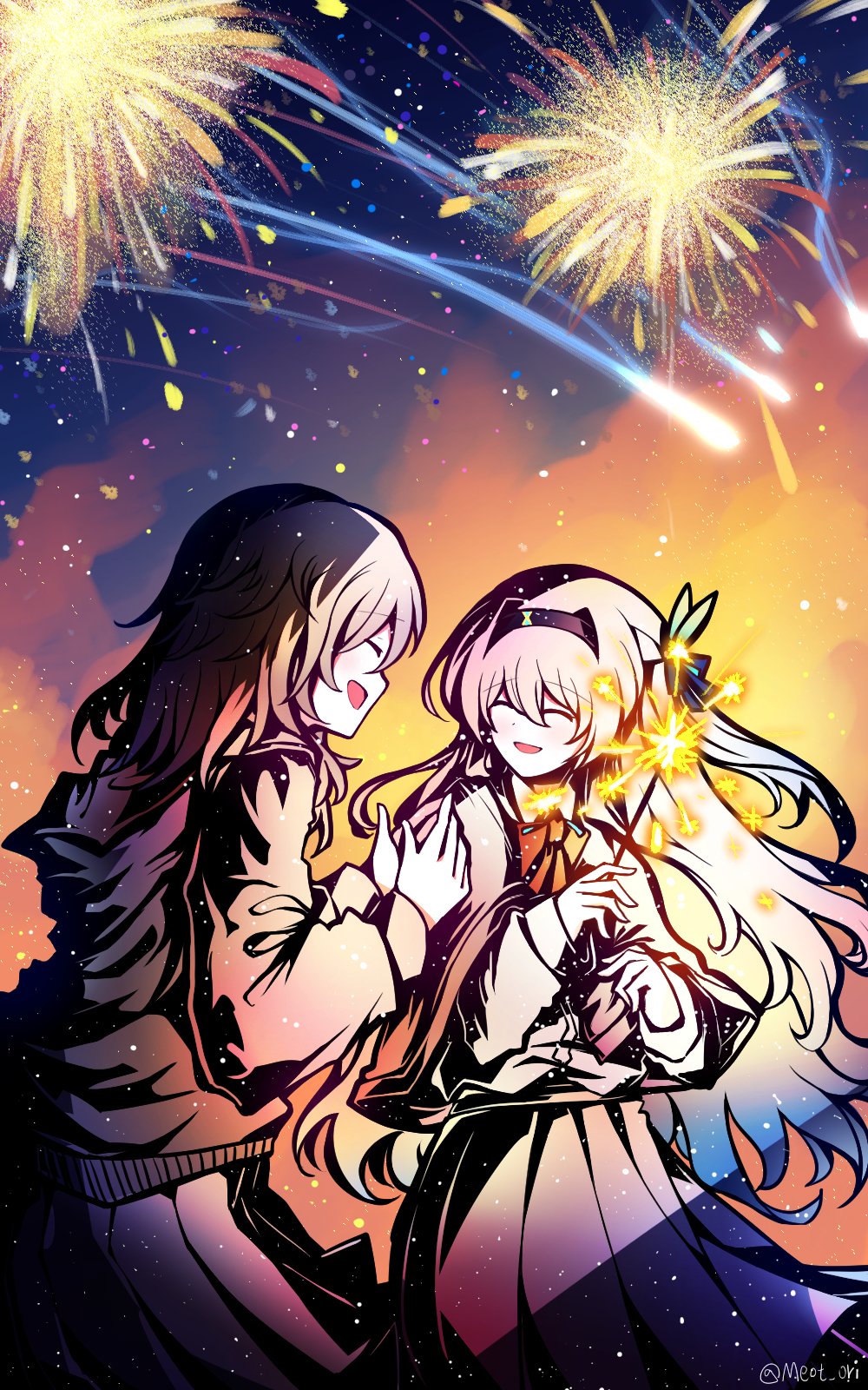 electronduck firefly_(honkai:_star_rail) fireworks grey_hair hair_between_eyes hair_ornament hair_ribbon highres holding holding_fireworks honkai:_star_rail honkai_(series) neck_ribbon ribbon shirt skirt sky star_(sky) starry_sky stelle_(honkai:_star_rail) trailblazer_(honkai:_star_rail)