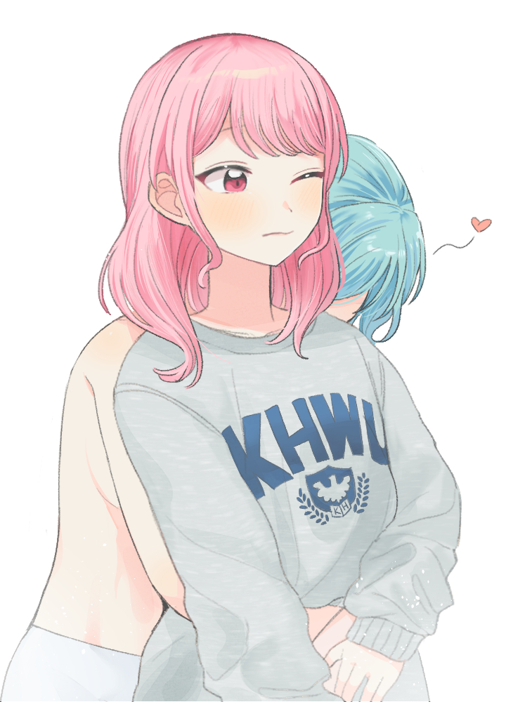 2girls bang_dream! blue_hair blush breasts chieh closed_mouth commentary_request grey_sweater heart hikawa_hina hug hug_from_behind long_sleeves maruyama_aya medium_hair multiple_girls one_eye_closed pink_eyes pink_hair simple_background smile sweater topless_female white_background yuri