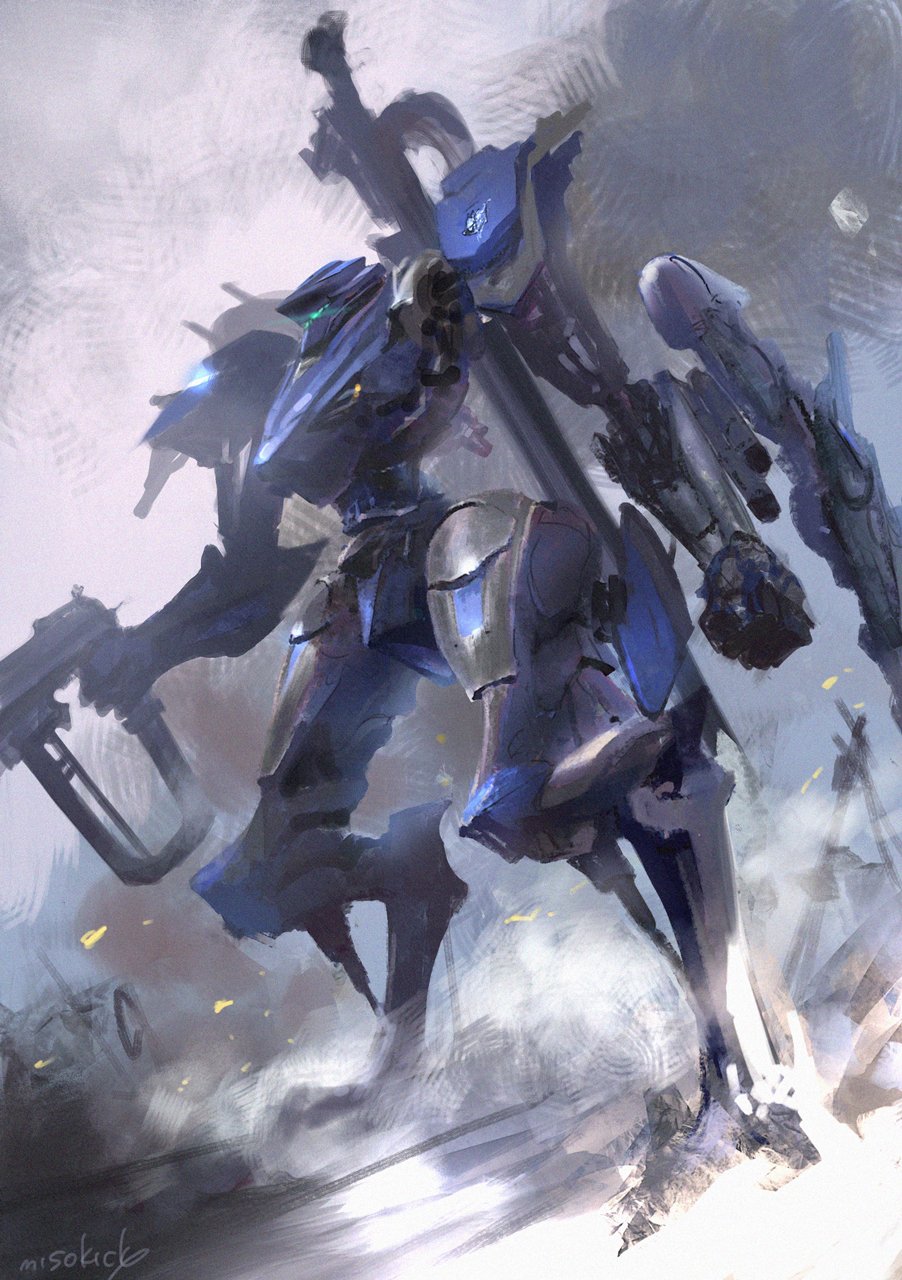 arm_blade armored_core armored_core_vi:_fires_of_rubicon blue_eyes clenched_hand commentary_request dust_cloud emblem from_side full_body glowing glowing_eyes gun highres holding holding_gun holding_weapon mecha mecha_focus miso_katsu no_humans reverse-jointed_legs robot signature solo standing steel_haze v.iv_rusty weapon
