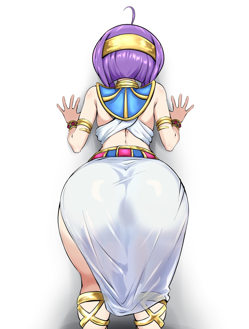 1girl against_wall ahoge ancient_egyptian_clothes ass from_behind jashin-chan_dropkick medusa_(jashin-chan_dropkick) purple_hair short_hair simple_background solo ufufuto white_background