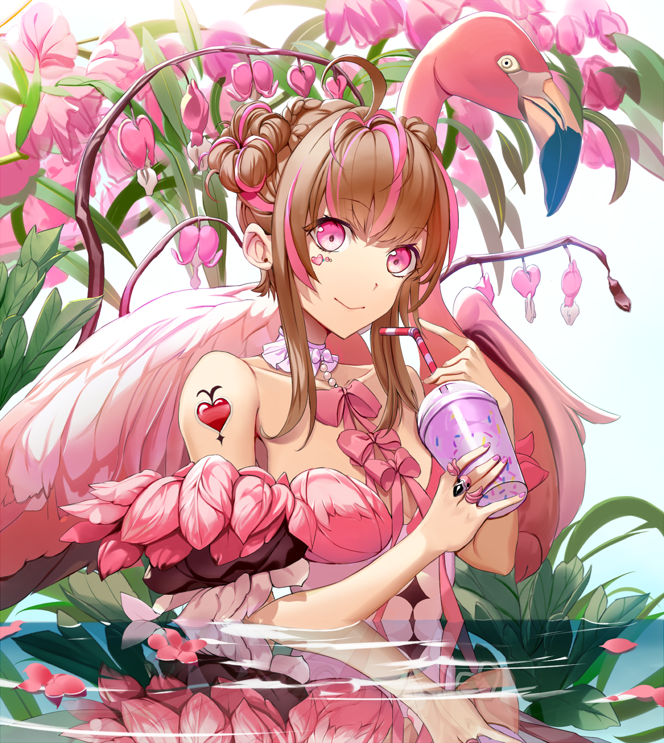 1girl ahoge bad_id bad_pixiv_id bare_shoulders bird braid breasts brown_hair choker closed_mouth cup ddaomphyo detached_sleeves double_bun dress facial_mark feathers flamenco flower hair_bun head_tilt heart highres holding holding_cup jewelry long_hair looking_at_viewer medium_breasts nail_polish original pink_dress pink_eyes pink_flower pink_hair pink_nails plant reflection ribbon ring shoulder_tattoo sidelocks smile strapless strapless_dress tattoo wading
