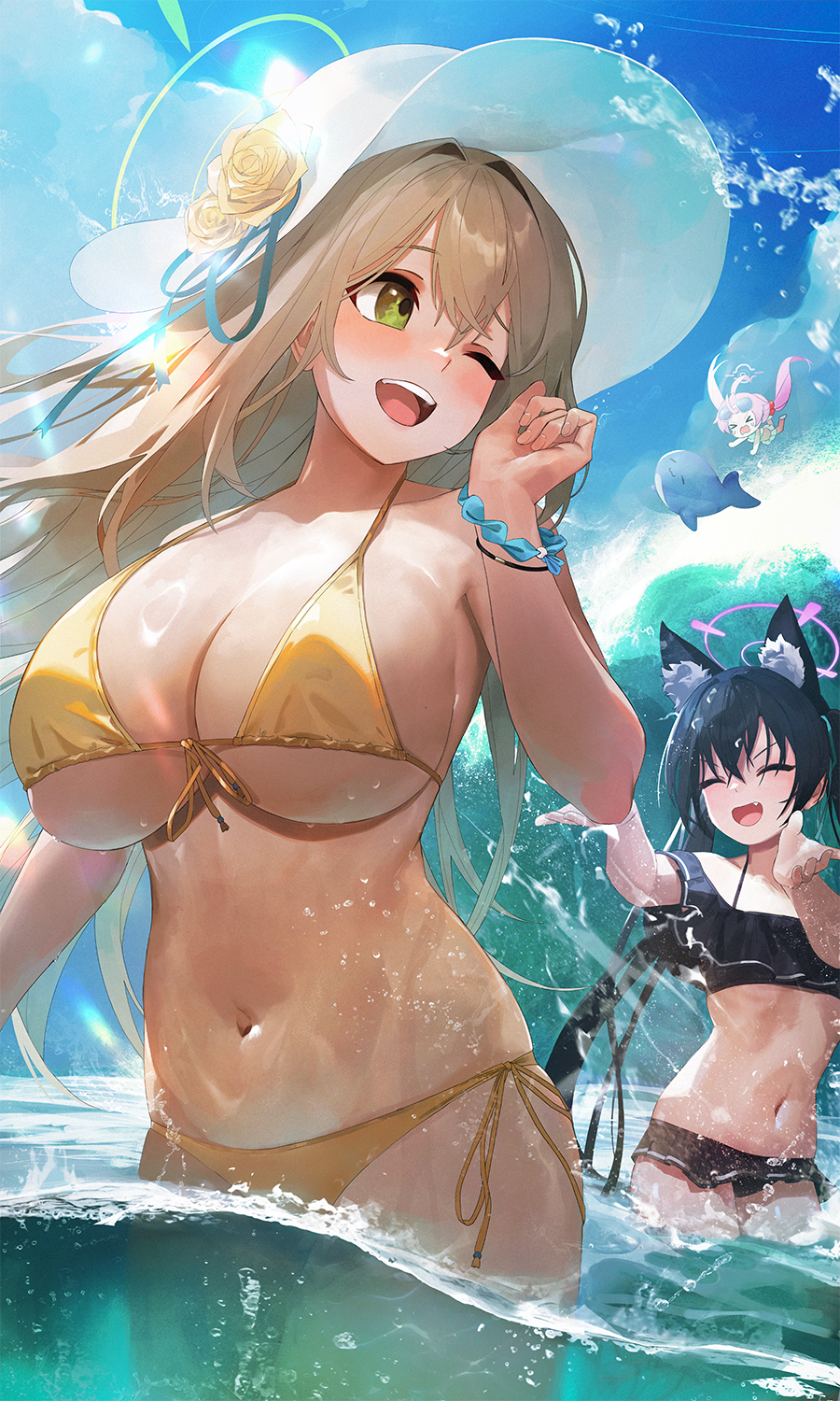 3girls :d ahoge animal_ear_fluff animal_ears bare_shoulders bikini black_bikini black_hair blue_archive blush breasts cat_ears collarbone eyewear_on_head frilled_bikini frills front-tie_bikini_top front-tie_top green_eyes hair_bobbles hair_ornament halo hat highres hoshino_(blue_archive) hoshino_(swimsuit)_(blue_archive) inflatable_toy inflatable_whale large_breasts light_brown_hair long_hair low_twintails mo_ne multiple_girls navel nonomi_(blue_archive) nonomi_(swimsuit)_(blue_archive) ocean off-shoulder_bikini off_shoulder official_alternate_costume one_eye_closed open_mouth outdoors pink_hair red_eyes serika_(blue_archive) serika_(swimsuit)_(blue_archive) side-tie_bikini_bottom smile stomach sun_hat sunglasses swimsuit twintails very_long_hair wading white_bikini white_headwear yellow_bikini
