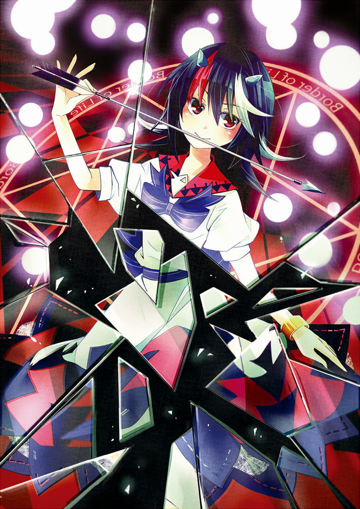 1girl arrow_(symbol) black_hair bow bracelet broken_glass checkered_floor danmaku dress female_focus floor glass grey_horns horns jewelry katsuragi_atori kijin_seija looking_at_viewer magic_circle mirrored_text multicolored_hair red_eyes short_hair smile solo streaked_hair touhou