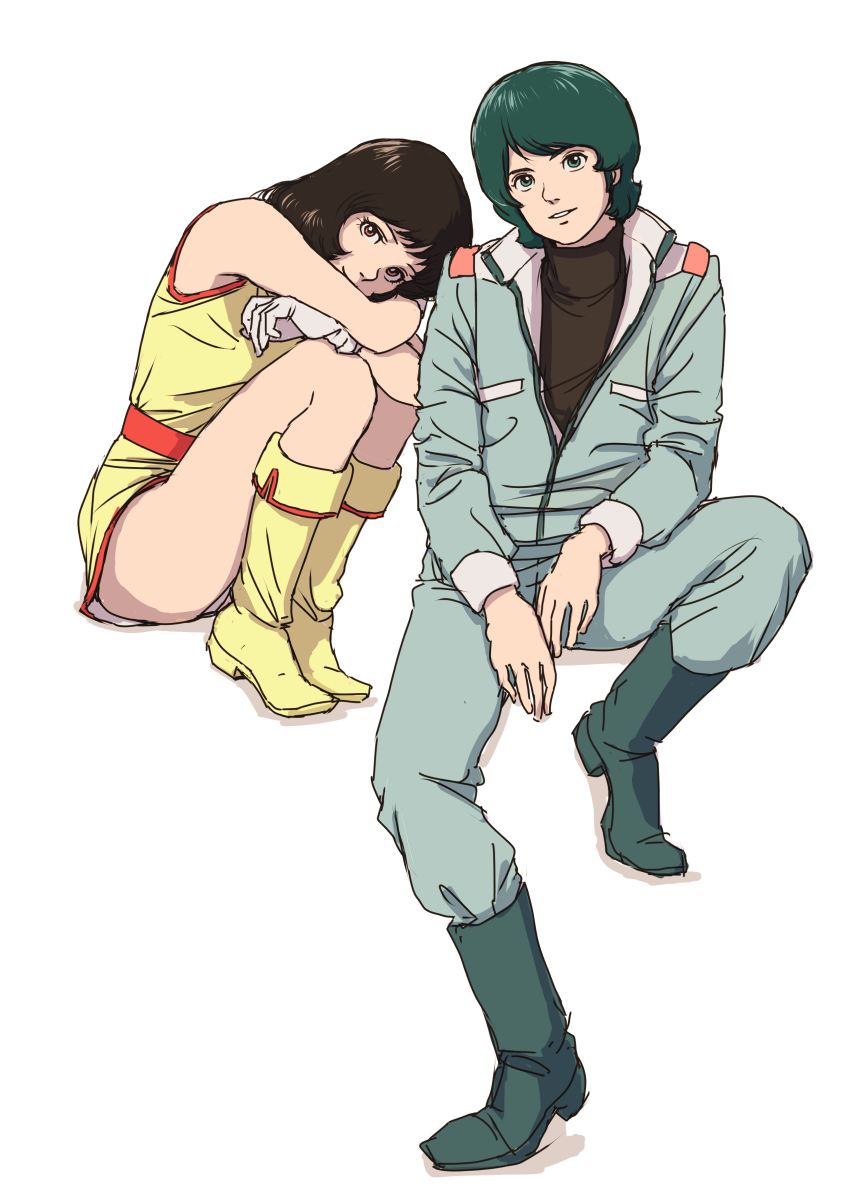 1boy 1girl black_hair blue_hair boots fa_yuiry gloves gundam highres kamille_bidan military military_uniform panties pantyshot teikoku_jokyoku underwear white_gloves white_panties zeta_gundam