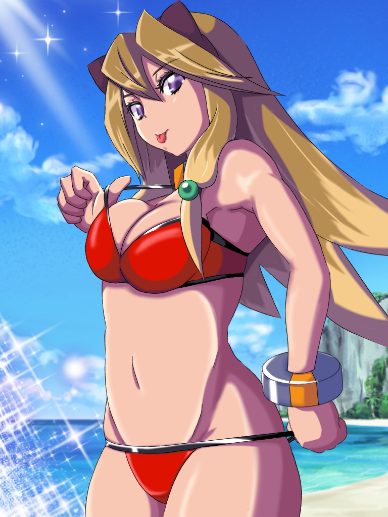 1girl animal_ears aq_interactive arcana_heart arcana_heart_2 arcana_heart_3 beach belly bikini bishoujo_(ossan) bra bracelet breasts brown_hair cleavage examu hair_bobbles hair_ornament hairband inuwaka_akane jewelry large_breasts long_hair looking_at_viewer multicolored_hair navel ocean panties purple_eyes red_bikini red_bra red_panties swimsuit tongue tongue_out two-tone_hair underwear very_long_hair wolf_ears