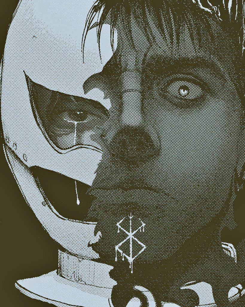 2boys berserk black_background brand_of_sacrifice closed_mouth crying crying_with_eyes_open greyscale griffith_(berserk) guts_(berserk) helmet monochrome multiple_boys nisino2222 scar scar_on_face short_hair simple_background tears very_short_hair wide-eyed