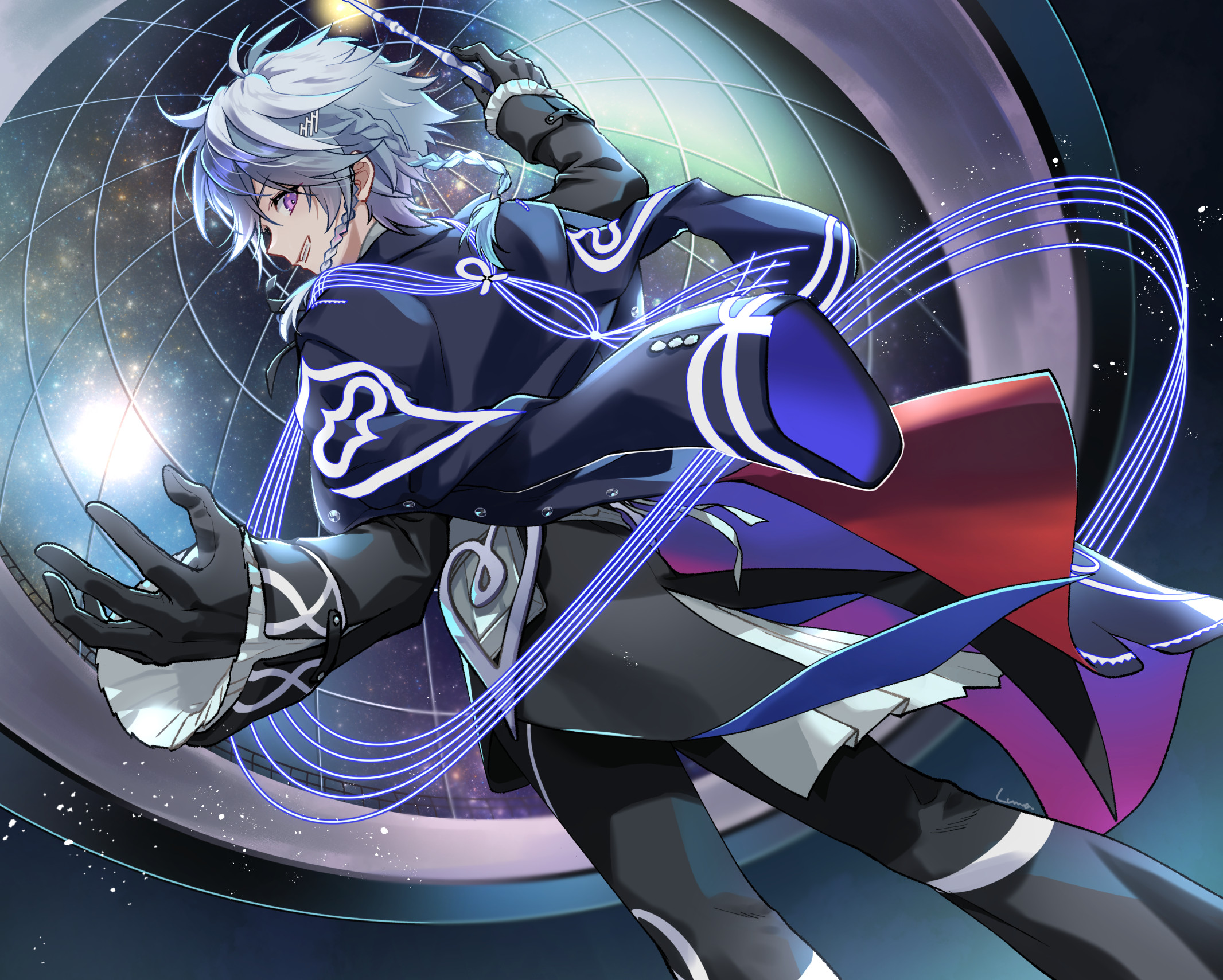 1boy conductor_baton black_gloves black_jacket black_pants black_ribbon blue_hair braid frilled_sleeves frills gloves hair_ornament highres holding_baton holostars holostars_english jacket long_sleeves looking_at_viewer looking_back luma8b multicolored_hair octavio open_clothes open_jacket pants pink_eyes planetarium ribbon short_hair smile solo space star_(sky) teeth virtual_youtuber white_hair