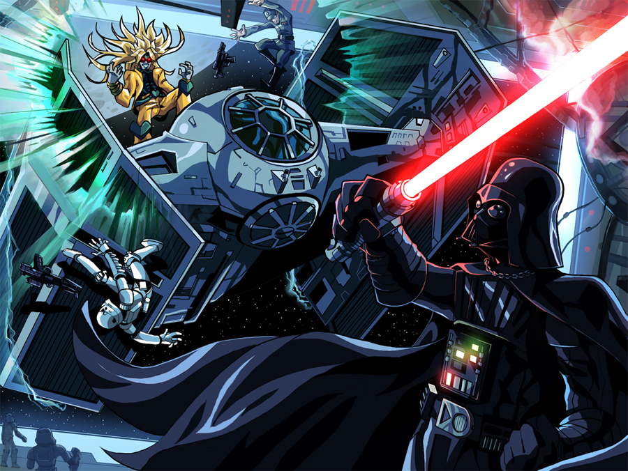 5boys blaster_(star_wars) crossover darth_vader dio_brando energy_sword epic glowing glowing_eyes hangar jojo_no_kimyou_na_bouken lightsaber manly military military_uniform multiple_boys otaking red_lightsaber science_fiction spacecraft stand_(jojo) star_wars starfighter stormtrooper sword the_world tie_advanced_x1 tie_fighter weapon wryyyyyyyyyyyyyyyyyyyy zero_gravity