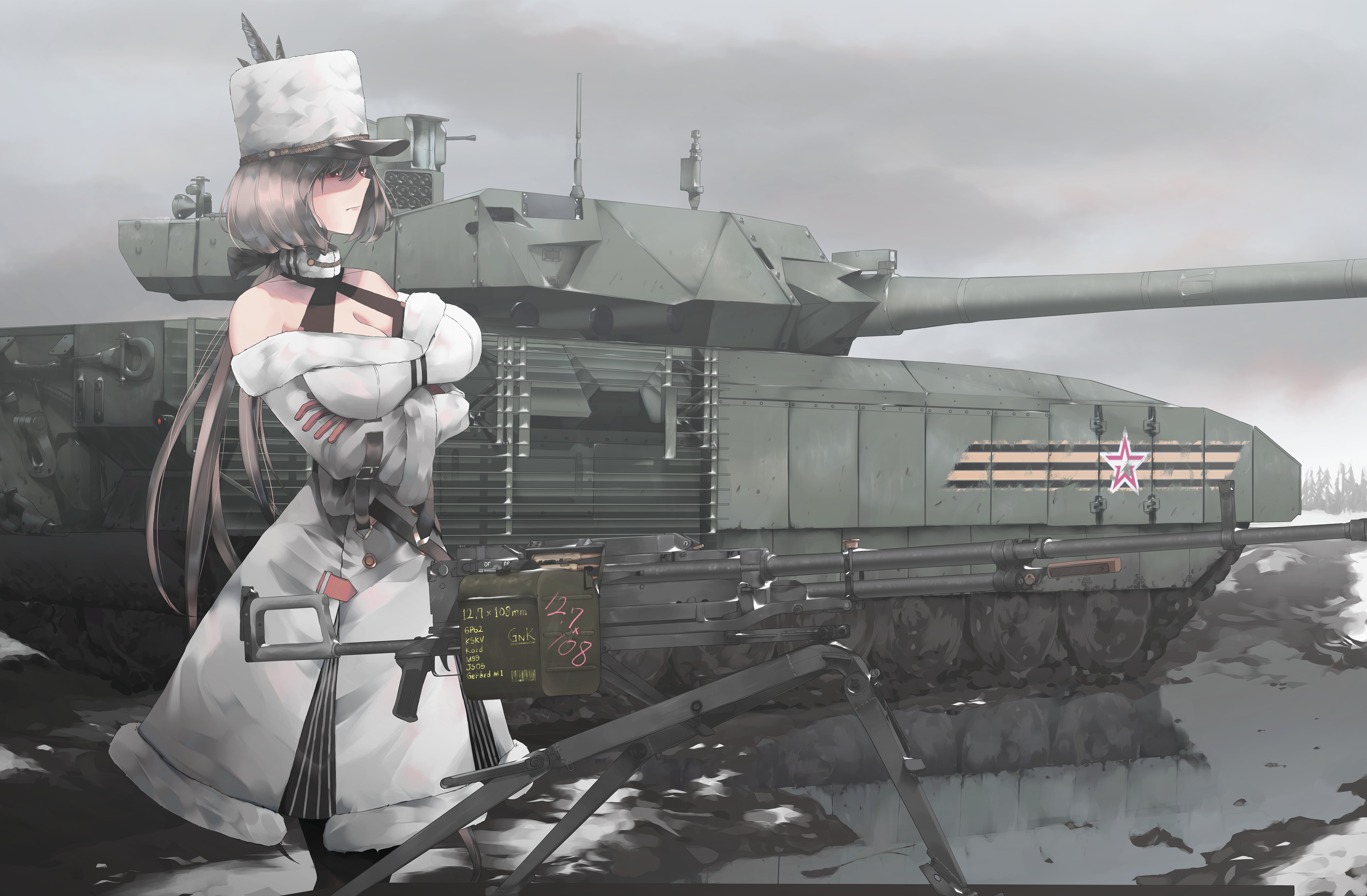 12.7x108mm 1girl absurdres ammunition ammunition_belt ammunition_box anti-materiel_cartridge arms_under_breasts breasts brown_hair bullet cleavage coat crossed_arms female_focus fur_coat fur_hat girls'_frontline gun hat heavy_machine_gun highres hmg_cartridge kord_(girls'_frontline) kord_6p50 kord_macine_gun large_breasts machine_gun magnum_cartridge military military_cartridge military_vehicle motor_vehicle mud red_eyes rifle_cartridge short_hair snow solo supersonic_ammunition t-14_armata tank tree treeman weapon