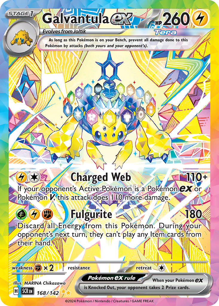 animal_focus artist_name blue_eyes bug card_(medium) character_name company_name copyright_name copyright_notice electricity english_text extra_eyes full_body galvantula gem gen_5_pokemon joltik nanau777 nintendo no_humans official_art pokemon pokemon_(creature) pokemon_card pokemon_focus pokemon_tcg solo sparkle terastallization third-party_source trading_card