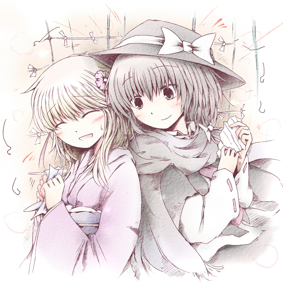 2girls alternate_costume blonde_hair bow brown_eyes brown_hair capelet closed_eyes hair_bow hat japanese_clothes kimono maribel_hearn multiple_girls necktie open_mouth ribbon romi scarf short_hair skirt smile touhou usami_renko