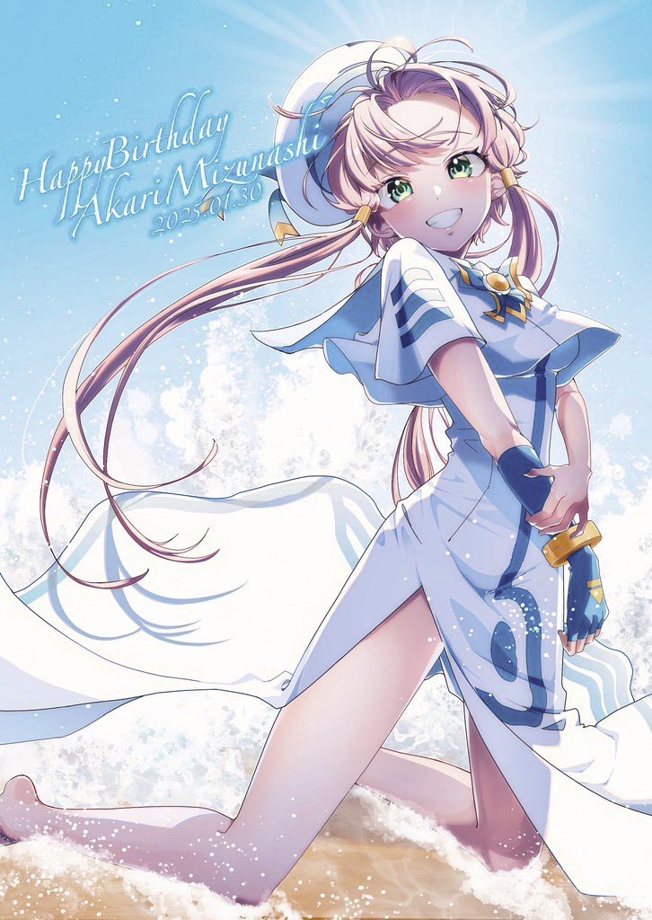 1girl aogirism aria_(manga) aria_company_uniform barefoot beach beret blue_bow blue_bowtie blue_gloves blush bow bowtie bracelet breasts character_name dated dress eyelashes fingerless_gloves full_body gloves gold_trim green_eyes hair_tubes happy_birthday hat hat_ribbon impossible_clothes impossible_dress jewelry kneeling legs long_dress looking_at_viewer medium_breasts mizunashi_akari outdoors parted_bangs pink_hair ribbon sailor_collar short_hair_with_long_locks short_sleeves side_slit single_glove smile solo teeth water white_dress white_hat