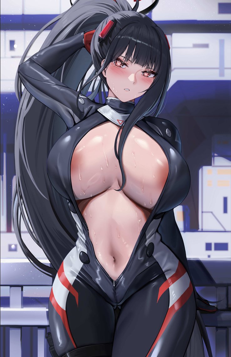 1girl areola_slip arm_behind_head black_bodysuit black_hair black_halo blue_archive blunt_bangs blush bodysuit breasts bright_pupils commentary_request halo hot huge_breasts impossible_bodysuit impossible_clothes indoors kuutamo long_hair looking_at_viewer multicolored_halo navel official_alternate_costume paid_reward_available parted_lips ponytail red_eyes rio_(blue_archive) rio_(bodysuit)_(blue_archive) simple_background skin_tight solo sweat two-tone_halo unzipped very_long_hair