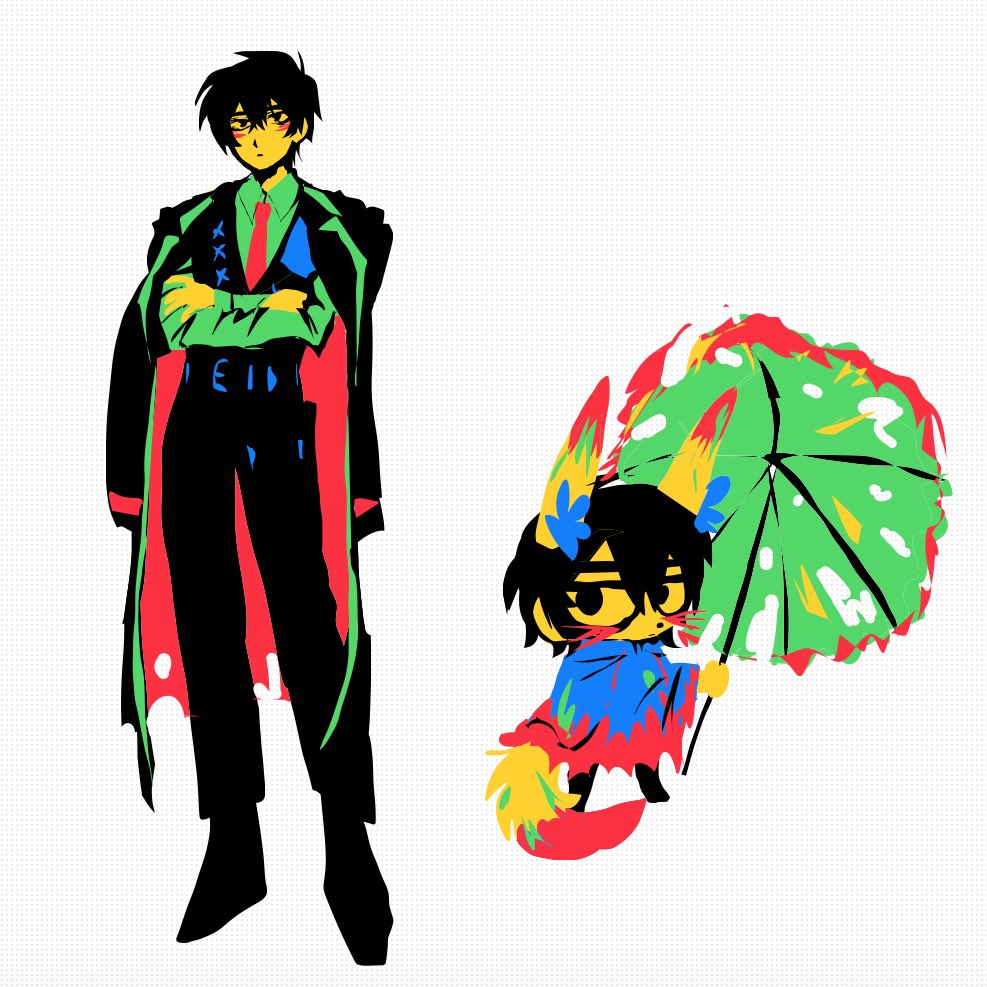 1boy animal_ears belt black_coat black_eyes black_hair black_pants black_shoes black_vest blue_cape cape chibi closed_mouth coat collared_shirt colored_skin crossed_arms e.g.o_(project_moon) fox_ears fox_tail full_body green_shirt green_umbrella holding holding_umbrella limbus_company limited_palette long_sleeves looking_at_viewer male_focus multiple_views necktie pants project_moon red_necktie shirt shoes simple_background solo standing sunshower_(e.g.o) tail umbrella vancho_vakurets vest white_background yellow_skin yi_sang_(project_moon)