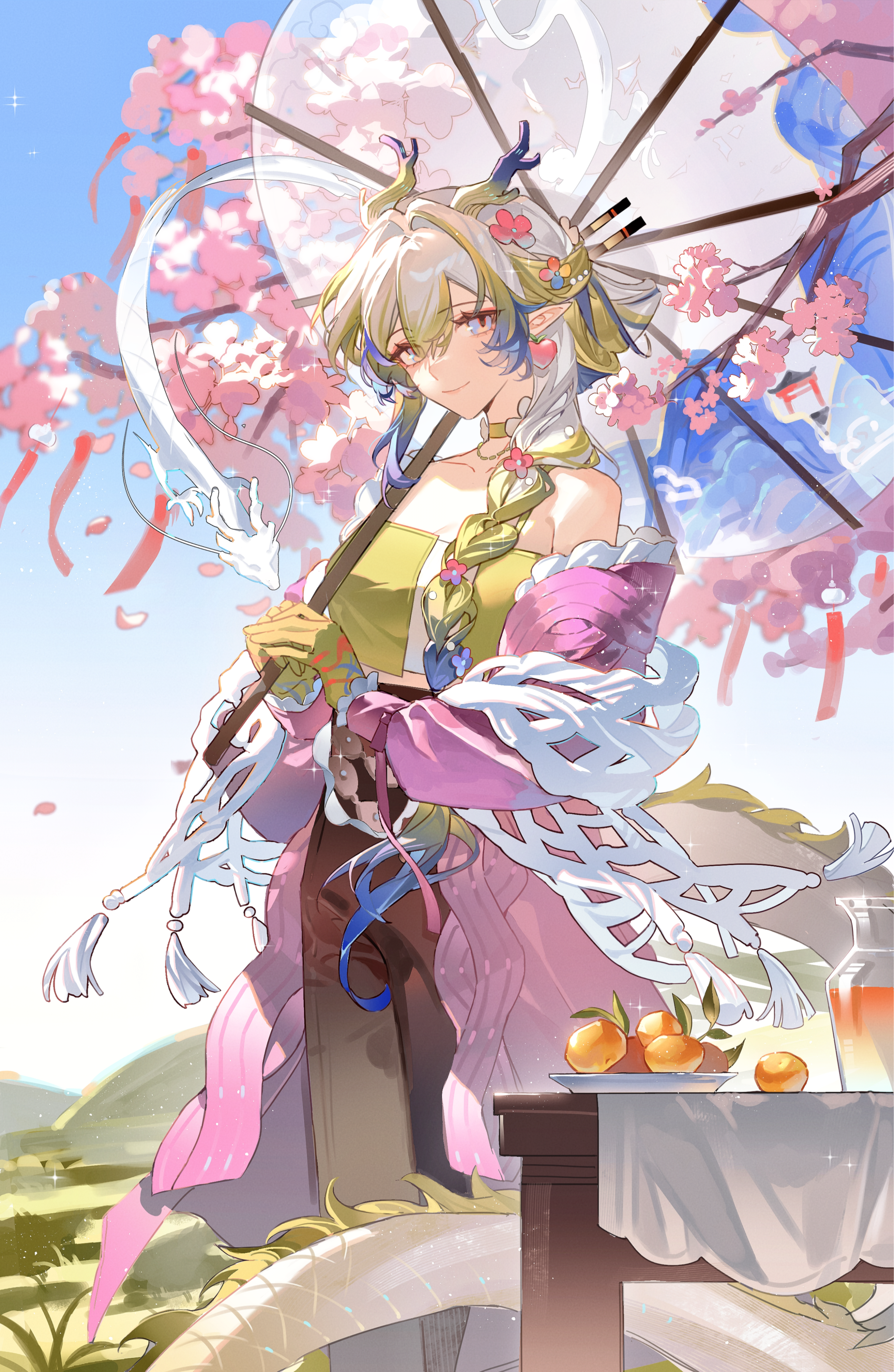 1girl absurdres arknights bare_shoulders blonde_hair blue_eyes blue_hair blue_sky braid cherry_blossoms closed_mouth colored_extremities day dragon eastern_dragon eastern_dragon_horns eastern_dragon_tail feet_out_of_frame flower food fruit glass_jar gloves hair_flower hair_ornament hair_stick highres hill holding holding_umbrella horns jacket juice long_hair long_sleeves looking_at_viewer multicolored_eyes multicolored_hair off_shoulder oil-paper_umbrella orange_(fruit) outdoors pants pink_flower pink_jacket pointy_ears sanye308 shawl shu_(arknights) shu_(spring_feast)_(arknights) single_braid sky smile solo standing streaked_hair table tail tassel umbrella white_hair yellow_eyes