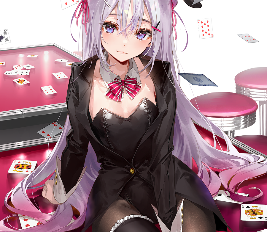1girl :3 black_jacket black_leotard blush bow bowtie breasts brown_pantyhose card cleavage closed_mouth club_(shape) copyright_request detached_collar diamond_(shape) dsmile gradient_hair hair_ornament hair_ribbon hairclip heart jacket king_(playing_card) king_of_clubs king_of_diamonds leotard long_sleeves looking_at_viewer multicolored_hair pantyhose pink_bow pink_bowtie pink_ribbon playboy_bunny playing_card purple_hair ribbon silver_hair sitting small_breasts smile solo spade_(shape) sparrow_stuck_in_manhole strapless strapless_leotard striped_bow striped_bowtie striped_clothes striped_neckwear white_background