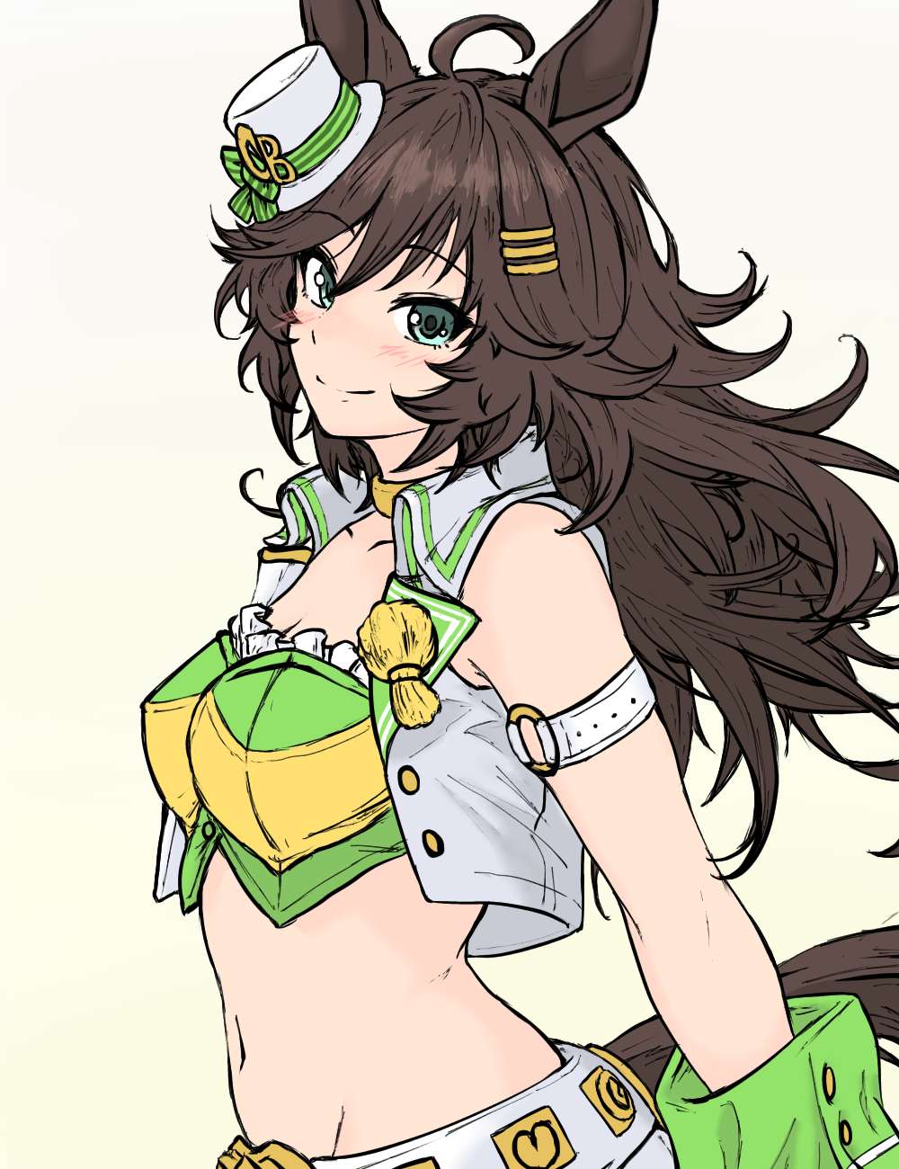 1girl animal_ears arm_strap bare_shoulders black_hair blue_eyes commentary_request crop_top green_shirt hair_intakes highres horse_ears ichimisan long_hair looking_at_viewer midriff mr._c.b._(umamusume) navel shirt smile solo stomach strapless strapless_shirt umamusume upper_body very_long_hair vest white_vest