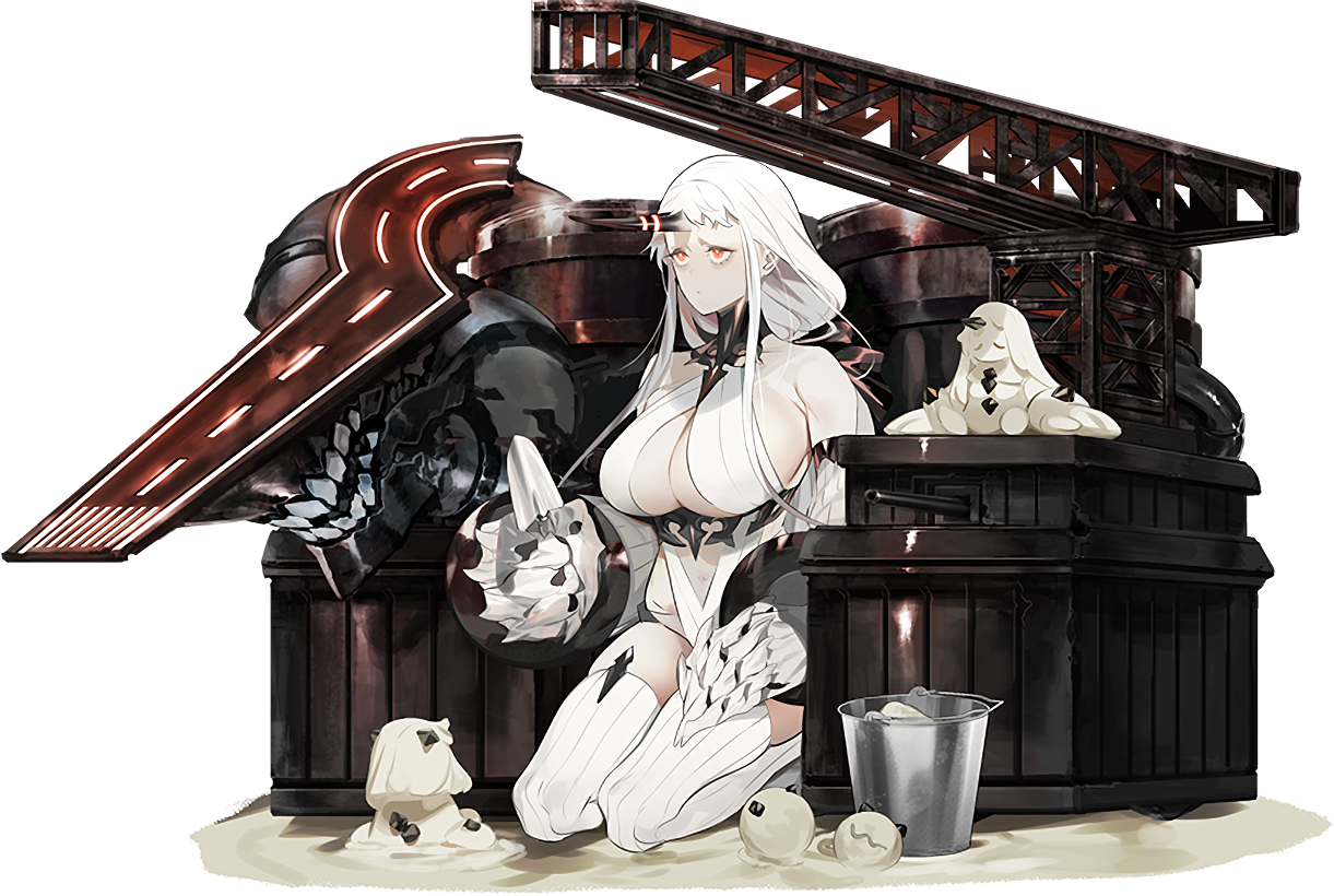 1girl abyssal_ship akira_(kadokawa) breasts bucket claws eye_beam holding holding_shovel horns kantai_collection large_breasts official_art orange_eyes pale_skin runway sand seaport_princess seaport_princess_holiday_mode ship_turret shovel single_horn solo summer teeth white_hair