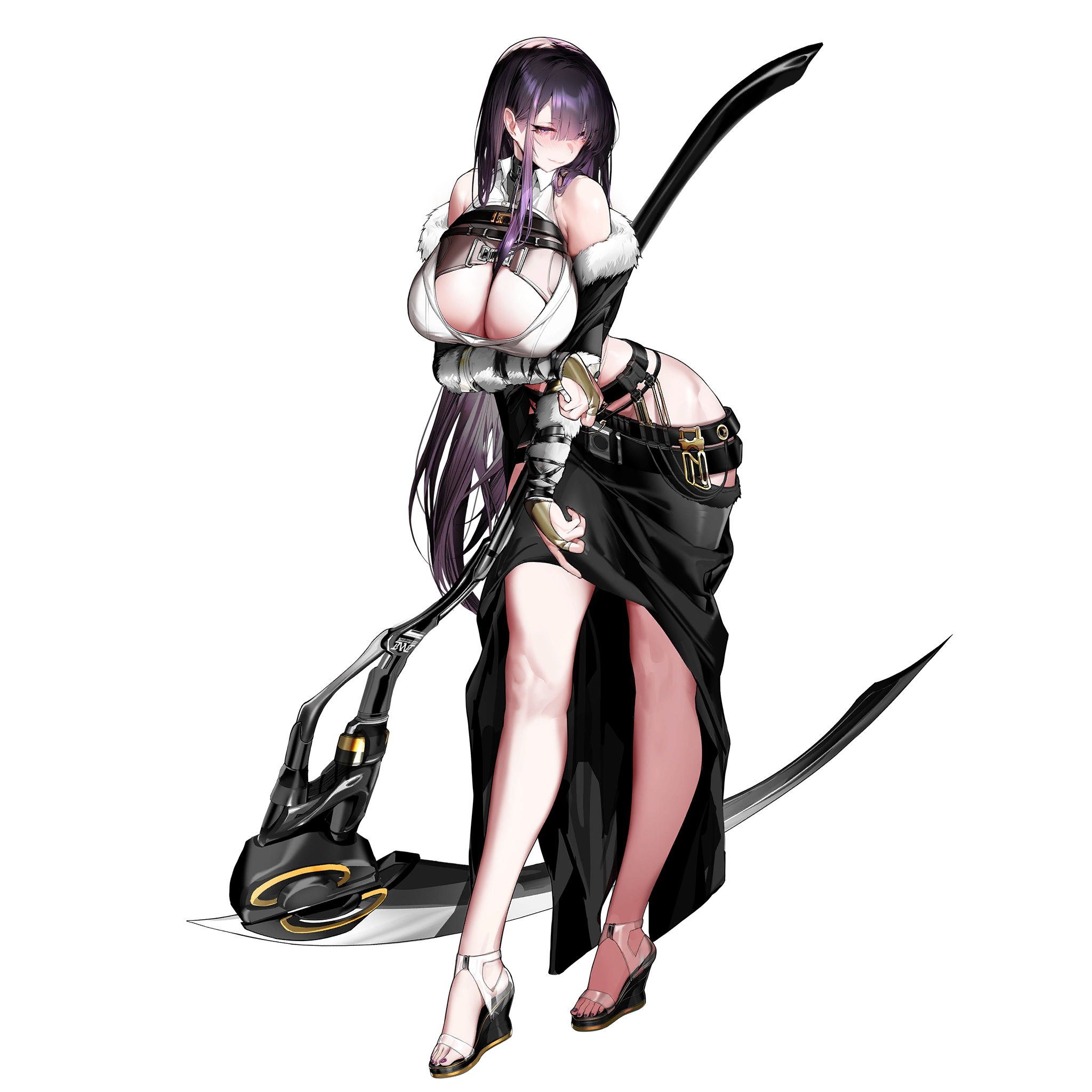 1girl bare_legs belt black_belt black_collar black_dress black_sandals black_skirt breasts bridal_gauntlets chest_harness cleavage cleavage_cutout clothing_cutout collar contrapposto dress feet full_body fur-trimmed_dress fur_trim game_cg girls'_frontline girls'_frontline_neural_cloud hand_on_headwear harness high_heels highres hip_vent holding holding_scythe huge_breasts leaning_forward legs light_blush long_hair nail_polish off-shoulder_dress off_shoulder official_art purple_eyes purple_hair purple_nails sandals sangoma_(neural_cloud) scythe simple_background skirt smile solo standing strappy_heels tachi-e third-party_source toenail_polish toenails toes very_long_hair white_background wide_brim wide_hips xiaoluo_xl