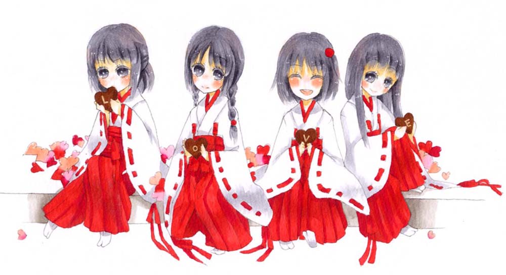 4girls bad_id bad_pixiv_id black_eyes black_hair braid candy chocolate chocolate_heart fatal_frame fatal_frame_3 food happy haro-ru heart japanese_clothes kuze_amane kuze_hisame kuze_minamo kuze_shigure long_hair miko multiple_girls pin short_hair twin_braids