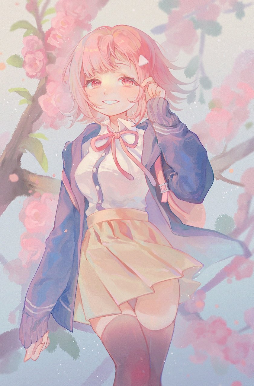 1girl alternate_hair_ornament black_shirt black_thighhighs brown_skirt cowboy_shot danganronpa_(series) danganronpa_2:_goodbye_despair flower grin hair_ornament highres jacket liang_cun_rakuna medium_hair miniskirt nanami_chiaki neck_ribbon open_clothes open_jacket pink_flower pink_hair pink_ribbon pleated_skirt purple_jacket revision ribbon shirt shirt_tucked_in skirt smile solo teeth thighhighs triangle_hair_ornament white_shirt zettai_ryouiki