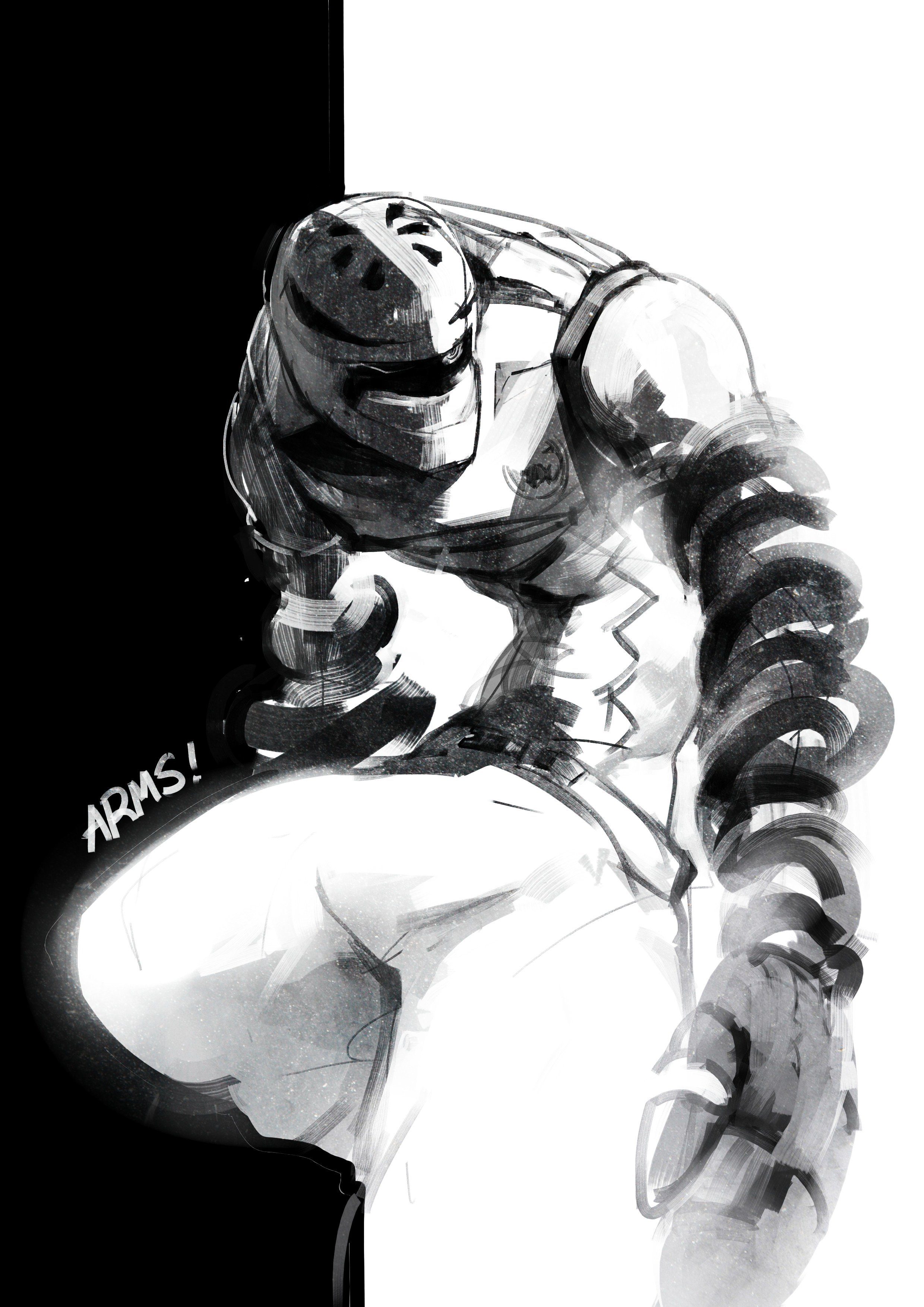 1boy @_@ absurdres arms_(game) baggy_pants copyright_name greyscale helmet highres kid_cobra long_arms male_focus monochrome nintendo one_eye_closed pants shanty_(mattariino) simple_background sitting slamamander_(arms) solo two-tone_background