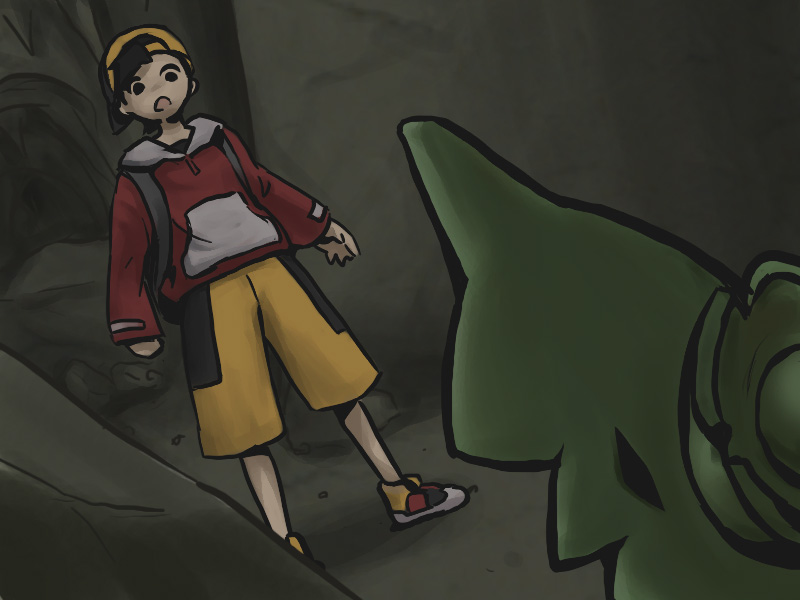 1boy artist_request baseball_cap cave ethan_(pokemon) gen_2_pokemon hat larvitar nintendo player_character pokemon pokemon_(creature) pokemon_gsc