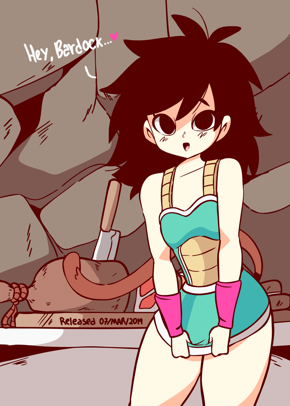 1girl animated animated_gif armor artist_name black_hair bottomless breasts brown_fur clothes_lift diives dragon_ball dragon_ball_super female_focus flashing food gine heart highres legs_together long_hair looking_at_viewer looping_animation mature_female meat one_eye_closed open_mouth patreon presenting presenting_pussy pussy saiyan saiyan_tail skirt skirt_lift small_breasts solo sound_effects spoken_heart tail tongue tongue_out watermark wink