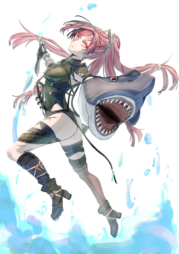 1girl ankle_boots ass asymmetrical_legwear belt boots breasts brown_belt brown_boots commentary_request cross_scar dagger full_body fusion gauntlets granblue_fantasy green_leotard hair_ornament high_heel_boots high_heels highleg highleg_leotard holding holding_dagger holding_knife holding_weapon knife large_breasts leotard long_hair looking_at_viewer meg_(granblue_fantasy) mismatched_legwear parted_lips partial_commentary ponytail red_eyes red_hair scar scar_across_eye scar_on_face scar_on_leg shark sharp_teeth sheath shoulder_pads sidelocks single_gauntlet skindentation smallpine_7 solo teeth thigh_strap ursula_(granblue_fantasy) weapon