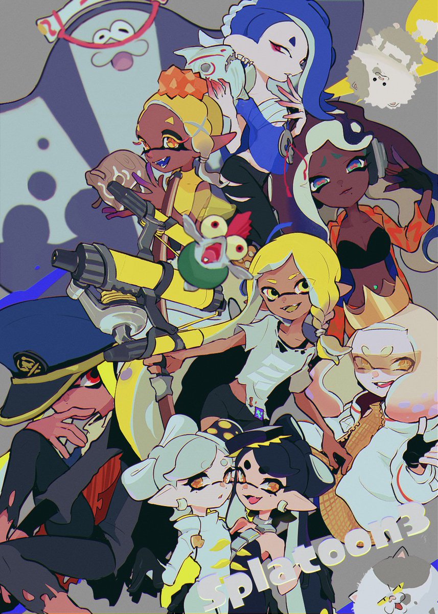 1boy 6+girls agent_3_(splatoon) big_man_(splatoon) black_bra black_dress black_gloves black_hair black_leggings black_shorts blonde_hair blue_eyes blue_hair blue_hat blue_shawl bow-shaped_hair bra bra_peek braid breasts brown_hair callie_(splatoon) cat cephalopod_eyes chest_sarashi coat colored_extremities colored_eyelashes copyright_name crop_top cross-shaped_pupils crown dark-skinned_female dark_skin dress earrings fingerless_gloves frye_(splatoon) gloves gradient_hair grey_hair grey_shirt hair_ornament hat headphones highres holding holding_mask holding_weapon horizontal_pupils imaikuy0 inkling inkling_girl inkling_player_character jacket jewelry judd_(splatoon) leggings li&#039;l_judd_(splatoon) long_eyelashes long_hair long_pointy_ears marie_(splatoon) marina_(splatoon) mask medium_hair midriff multicolored_hair multiple_earrings multiple_girls navel navel_piercing nintendo octoling open_clothes open_jacket orange_jacket parted_bangs peaked_cap pearl_(splatoon) piercing pink_hair pink_pupils pointy_ears red_eyes salmonid sarashi see-through_clothes see-through_shawl shawl shirt shiver_(splatoon) shorts single_braid small_breasts smallfry_(splatoon) splatoon_(series) splatoon_3 strapless strapless_dress swept_bangs symbol-shaped_pupils t-shirt tentacle_hair tooth_earrings torn_clothes torn_leggings torn_shirt tri-stringer_(splatoon) underwear unworn_mask weapon white_coat white_jacket x_hair_ornament yellow_eyes yellow_shawl yellow_shirt