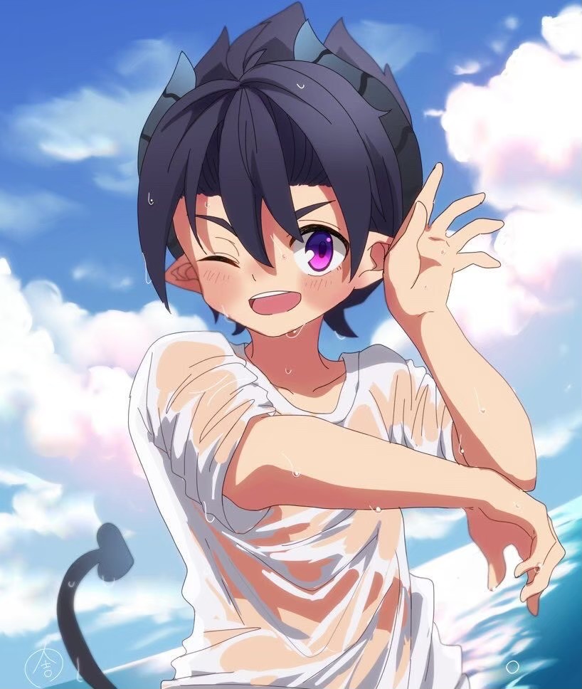 1boy blue_sky child cloud cloudy_sky collarbone demon_boy demon_tail great_kichi hair_between_eyes horns one_eye_closed open_mouth pointy_ears pop-up_story purple_eyes shirt short_sleeves sky smile solo tail teeth upper_teeth_only wading wet wet_clothes wet_shirt white_shirt ziz_glover
