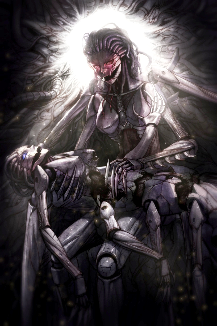 blue_eyes claws commentary_request damaged extra_arms glowing glowing_eyes highres humanoid_robot i_became_an_evolving_space_monster jaehyeon_lee korean_commentary lying_on_lap metal_skin no_humans open_mouth red_eyes robot science_fiction wire wrist_blades