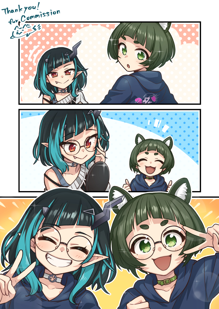 2girls animal_ears animare belt belt_collar black_hair blue_hair blush choker closed_eyes closed_mouth collar commentary_request commission demon_girl demon_horns dog_ears dog_girl flat_chest glasses green_belt green_eyes grey_choker grey_hoodie grey_sweater grin hair_ornament hairclip hashiba_natsumi_(animare) heebee hood hood_down hoodie horns medium_hair mirror multicolored_hair multiple_girls nanashi_inc. official_alternate_costume open_mouth red_eyes round_eyewear shishio_chris shishio_chris_(2nd_costume) short_hair single_bare_shoulder smile strap_slip sugar_lyric sweater two-tone_hair upper_body v virtual_youtuber