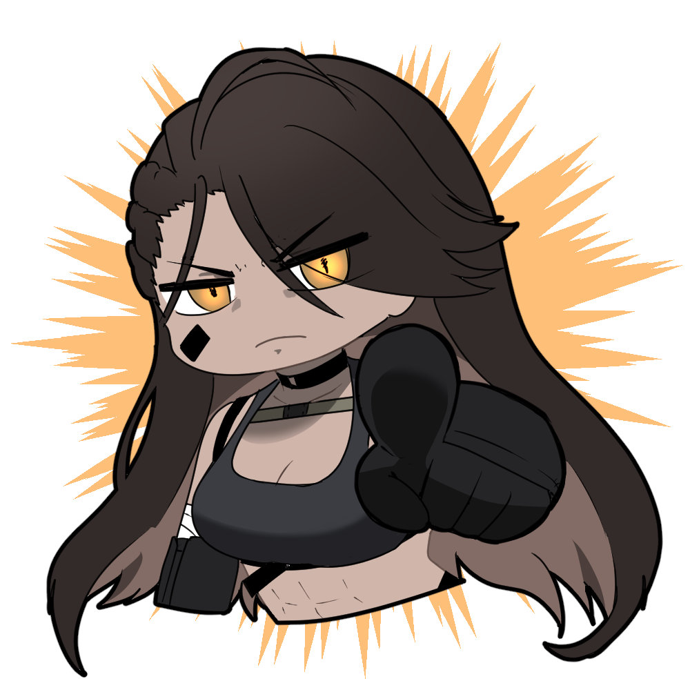 1girl abs artist_request black_gloves black_sports_bra brown_hair chibi chibi_only chinese_commentary dark-skinned_female dark_skin frown furrowed_brow girls&#039;_frontline girls&#039;_frontline_neural_cloud gloves long_hair magnhilda_(neural_cloud) muscular muscular_female official_art pointing pointing_at_viewer second-party_source sports_bra yellow_eyes